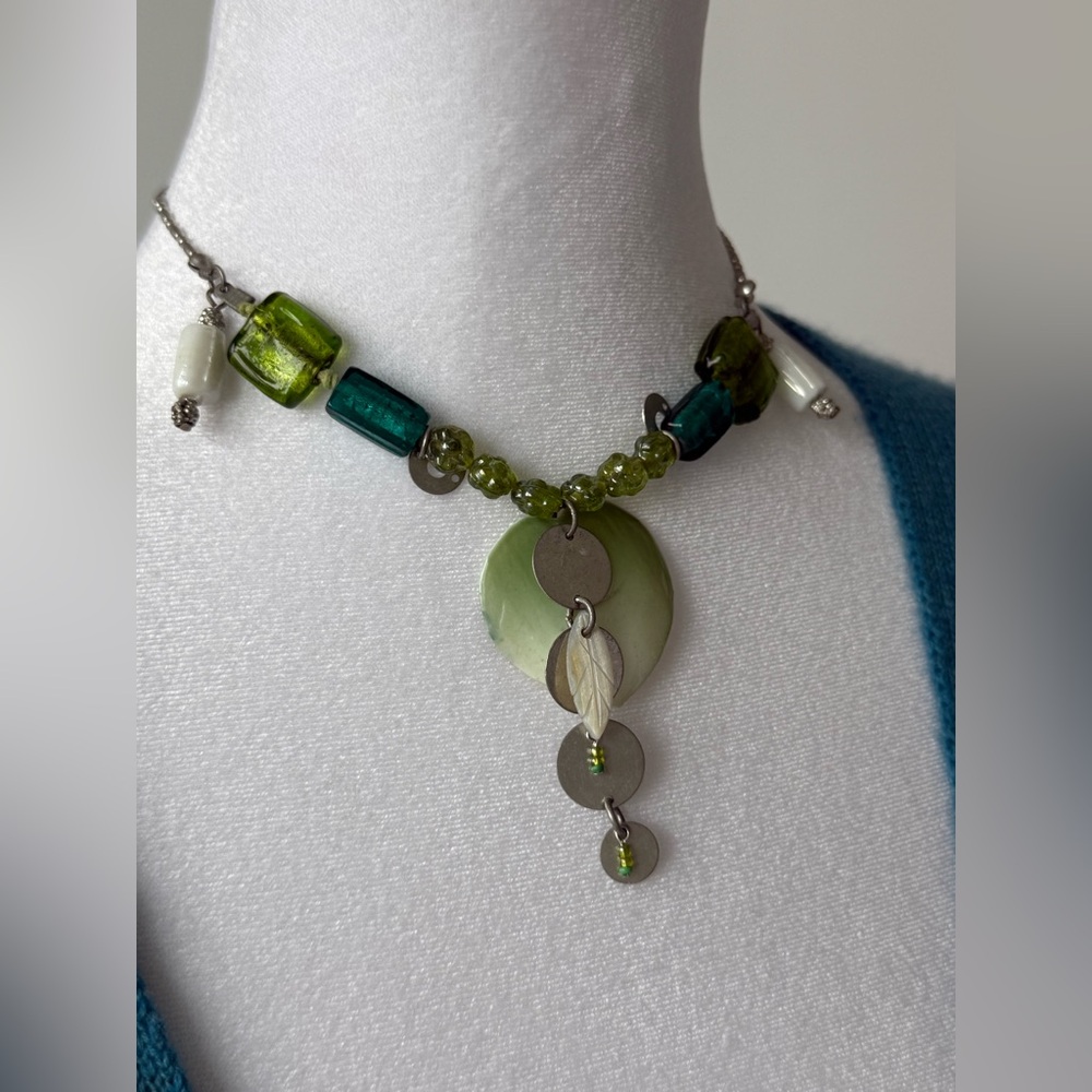 MARC LABAT French jewelry des. - vintage beautiful Green/Silver Leaf Necklace